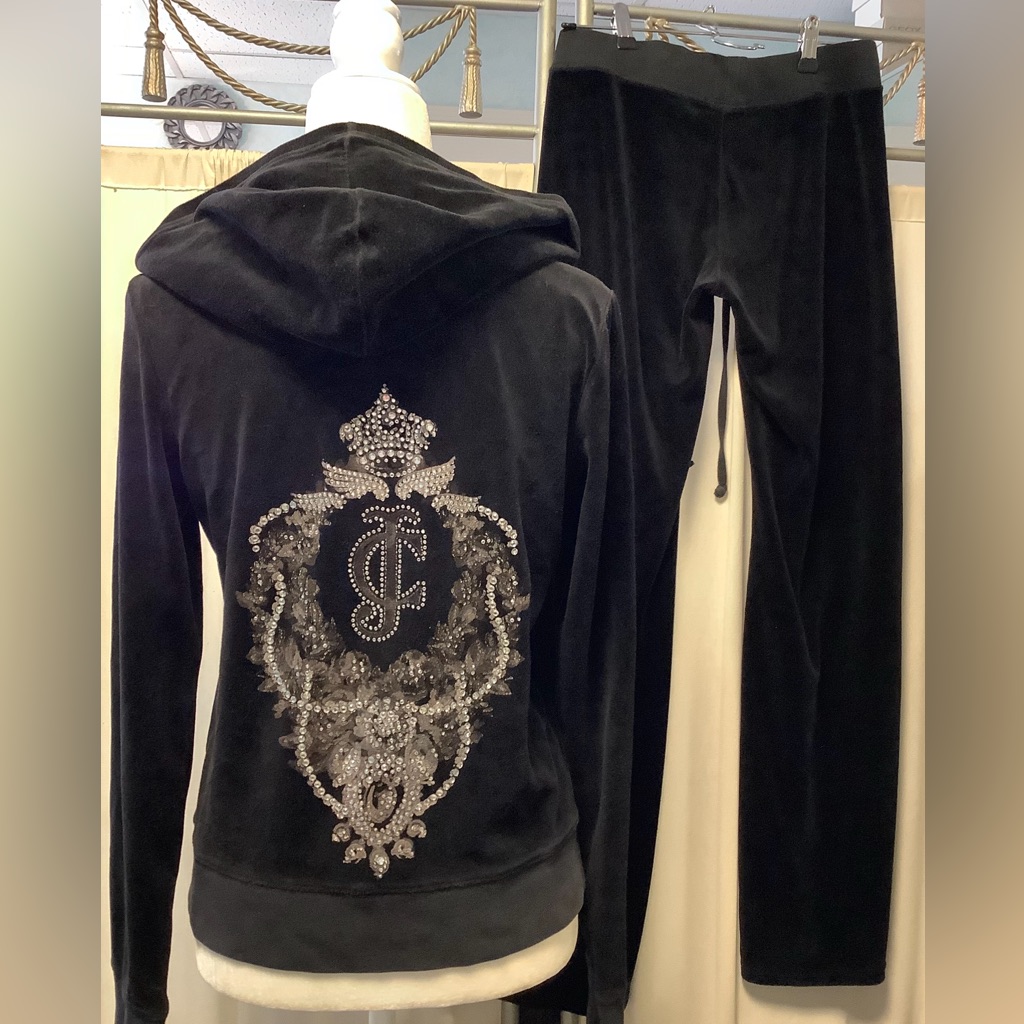 Black Juicy Couture velour tracksuit jacket showing the crowned crest embroidered across the back